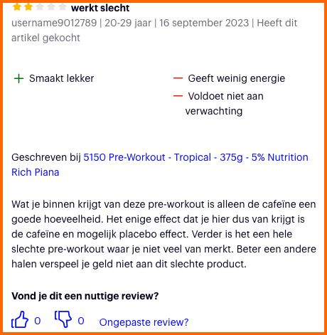 Een negatieve gebruikersreview op Bol.com over de 5150 pre-workout
