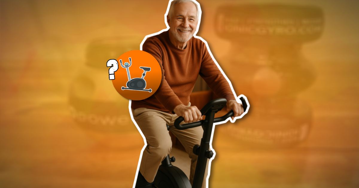 Oudere man traint op hometrainer in een warme en gezellige woonkamer