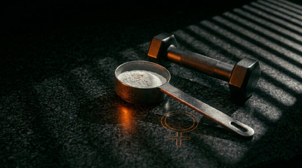 Creatine monohydraat in een donkere maatschep naast een dumbbell, met het vrouwensymbool subtiel verlicht op een granieten oppervlak