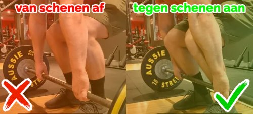Juiste en onjuiste positie van de scheenbenen bij het uitvoeren van een deadlift