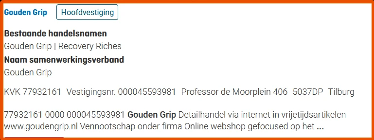 KVK Inschrijving van het bedrijf Gouden Grip
