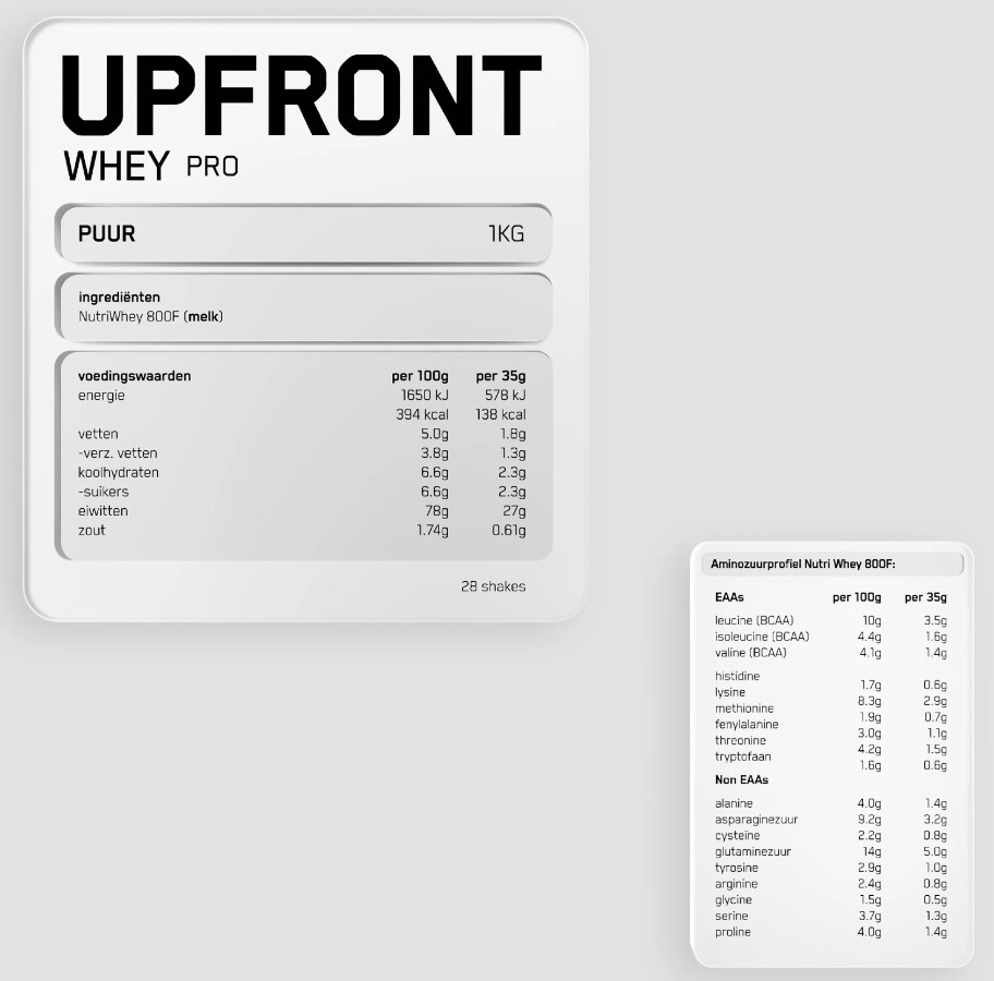 2 Labels waarop de ingrediënten van Upfront Whey PRO vanille staan vermeld