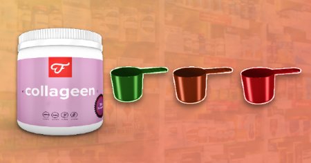 Een pot collageen poeder met drie maatschepjes in verschillende kleuren
