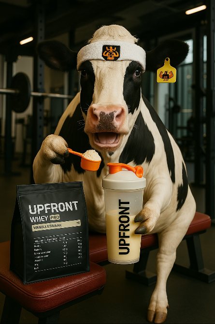 Een koe in een sportschool met zweetband om zijn hoofd die een shakebeker en scoop van Upfront vast heeft.