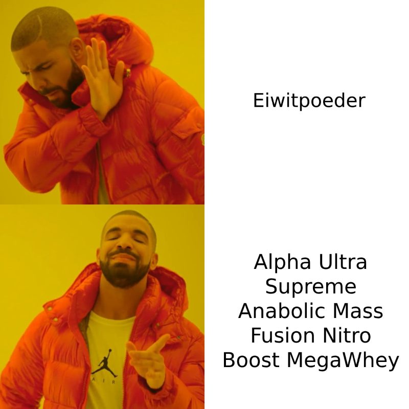 Meme over de ingewikkelde en fancy benamingen die fabrikanten voor eiwitpoeder gebruiken