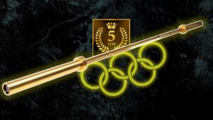 Een gouden Olympische halterstang met de vijf ringen van de Olympische Spelen