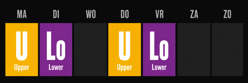 Weekplanning 4-daags upper-lower schema: upper en lower op maandag, dinsdag, donderdag en vrijdag