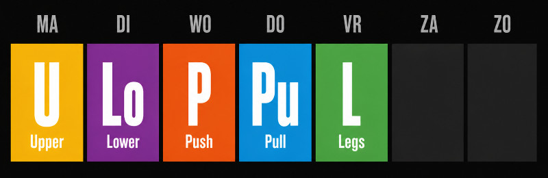 Weekplanning 5-daags ULPPL schema: upper, lower, push, pull en legs van maandag tot vrijdag