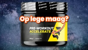 Een grote verpakking pre workout met de tekst 'Op lege maag?'