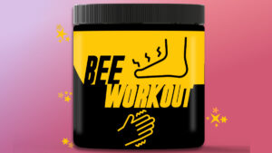Een pot pre-workout met een icoon van een tintelende voet en tintelende hand