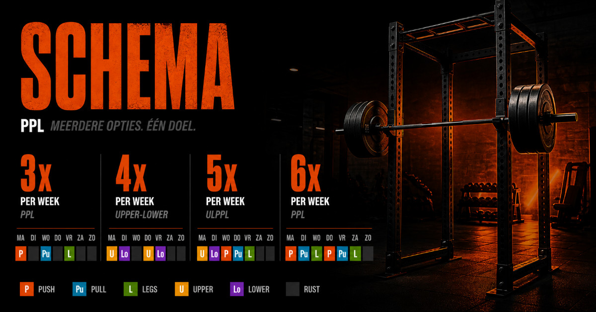 Squat rack met barbell in een donkere sportschool met SCHEMA badge en frequentie-indicator voor 3, 4, 5 en 6 trainingsdagen