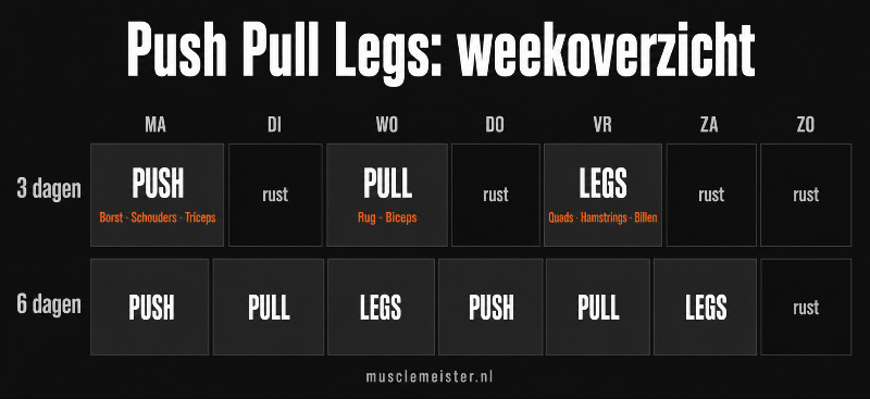 Weekoverzicht van het 3-daagse en 6-daagse push pull legs schema met trainings- en rustdagen
