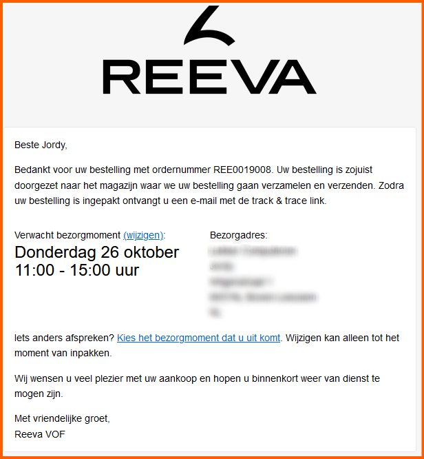 Email bericht over de bezorgstatus van mijn Reeva bestelling