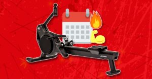 Een zwarte roeitrainer tegen een rode achtergrond, met een icoon van een kalender