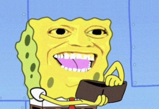 Spongebob die een portemonnee vasthoudt en een lachend uitdrukking heeft die veel lijkt op het gezicht van een echt mens