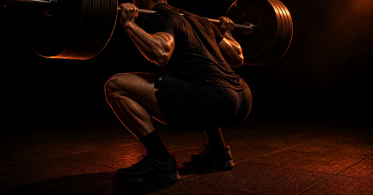 Sporter onderaan een diepe barbell squat gezien van opzij, met geladen stang op de rug in een donkere sportschool
