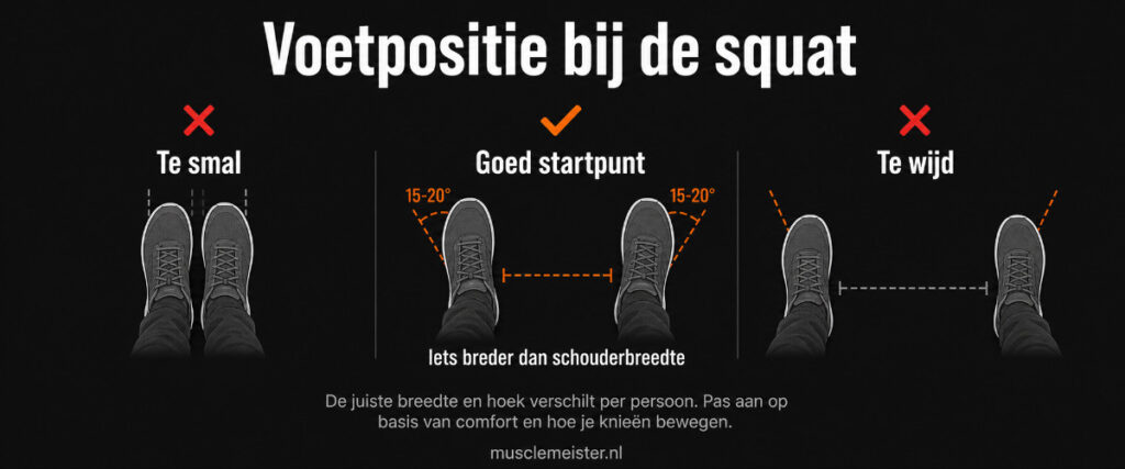Diagram met 3 voetposities voor de squat van bovenaf: te smal, goed startpunt en te wijd