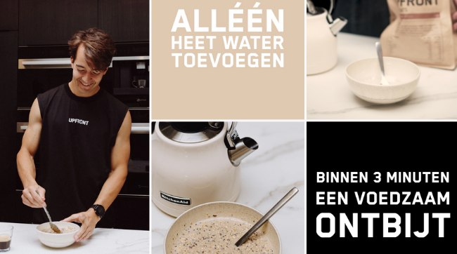 Collage van afbeeldingen die laten zien hoe je Upfront Oats bereid