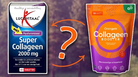 Links een collageen tablet supplement en rechts een collageen poeder supplement